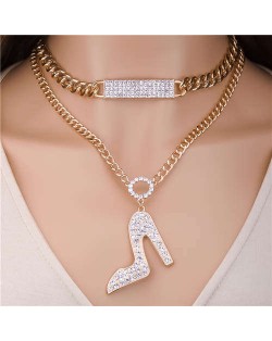 Hip-hop Style Rhinestone Wholesale Jewelry High Heel Pendant Dual Layers Chain Women Statement Necklace