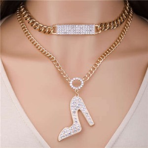 Hip-hop Style Rhinestone Wholesale Jewelry High Heel Pendant Dual Layers Chain Women Statement Necklace