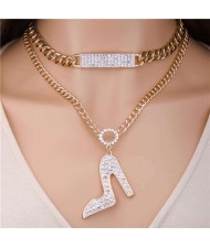 Hip-hop Style Rhinestone Wholesale Jewelry High Heel Pendant Dual Layers Chain Women Statement Necklace