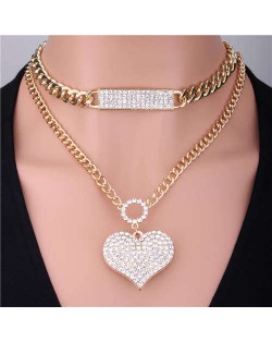 Hip-hop Style Dual Layers Chain Rhinestone Heart Pendant Women Wholesale Jewelry Statement Necklace
