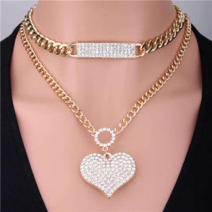 Hip-hop Style Dual Layers Chain Rhinestone Heart Pendant Women Wholesale Jewelry Statement Necklace
