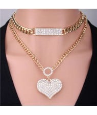 Hip-hop Style Dual Layers Chain Rhinestone Heart Pendant Women Wholesale Jewelry Statement Necklace
