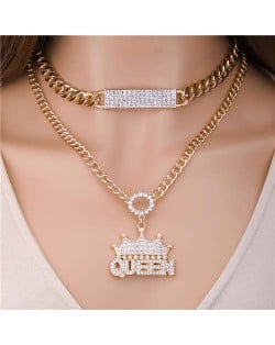 U.S. Fashion Rhinestone Inlaid Crown and Queen Pendant Double Layers Chain Wholesale Jewelry Women Statement Necklace