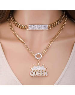 U.S. Fashion Rhinestone Inlaid Crown and Queen Pendant Double Layers Chain Wholesale Jewelry Women Statement Necklace