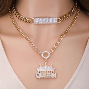 U.S. Fashion Rhinestone Inlaid Crown and Queen Pendant Double Layers Chain Wholesale Jewelry Women Statement Necklace