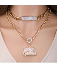 U.S. Fashion Rhinestone Inlaid Crown and Queen Pendant Double Layers Chain Wholesale Jewelry Women Statement Necklace