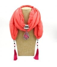 Ethnic Fashion Water-drop Gem Pendant Scarf Necklace - Pink