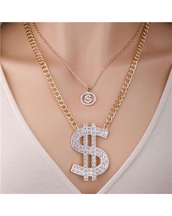 Dollar Sign Pendant Rhinestone Wholesale Jewelry Double Layers Punk Fashion Chain Necklace