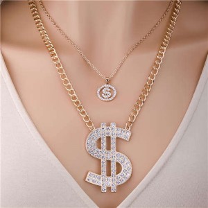 Dollar Sign Pendant Rhinestone Wholesale Jewelry Double Layers Punk Fashion Chain Necklace