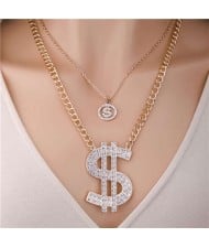 Dollar Sign Pendant Rhinestone Wholesale Jewelry Double Layers Punk Fashion Chain Necklace