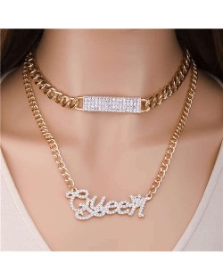 Shining Rhinestone Decorated Rectangle and Queen Pendant Unique Design Wholesale Women Necklace