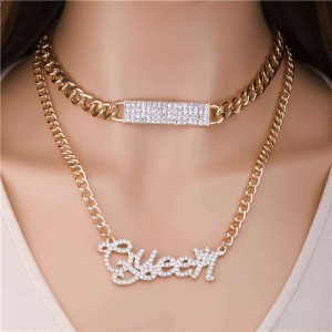 Shining Rhinestone Decorated Rectangle and Queen Pendant Unique Design Wholesale Women Necklace