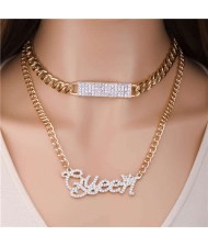 Shining Rhinestone Decorated Rectangle and Queen Pendant Unique Design Wholesale Women Necklace