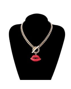 Glistening Rhinestone Inlaid Attractive Lip Pendant Wholesale Jewelry Women Fashion Thick Chain Necklace - Red