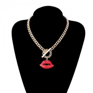 Glistening Rhinestone Inlaid Attractive Lip Pendant Wholesale Jewelry Women Fashion Thick Chain Necklace - Red
