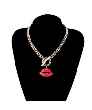 Glistening Rhinestone Inlaid Attractive Lip Pendant Wholesale Jewelry Women Fashion Thick Chain Necklace - Red