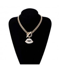 Glistening Rhinestone Inlaid Attractive Lip Pendant Wholesale Jewelry Women Fashion Thick Chain Necklace - White