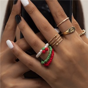Punk Style Heart Shape and Beads Weaving Geometric Spiral Design Women Open-end Rings Set