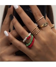 Punk Style Heart Shape and Beads Weaving Geometric Spiral Design Women Open-end Rings Set