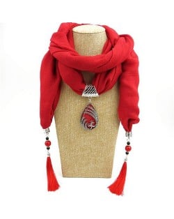 Ethnic Fashion Water-drop Gem Pendant Scarf Necklace - Red
