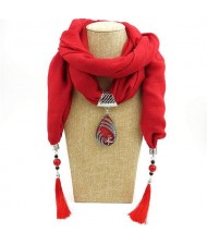 Ethnic Fashion Water-drop Gem Pendant Scarf Necklace - Red