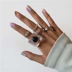 U.S. High Fashion Hollow-out Heart Alphabet Geometric Design Street Popular Women Rings Set