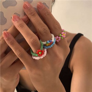 Simple Vintage Design Colorful Beads Bohemian Floral Weaving Women Costume Rings Set