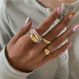 Vintage Square Shape Rhinestone Inlaid Simple Design Women Open-end Rings Set - Golden