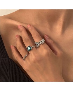 Vintage Square Shape Rhinestone Inlaid Simple Design Women Open-end Rings Set - Silver