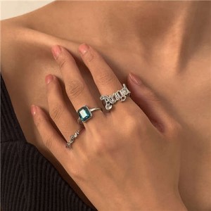 Vintage Square Shape Rhinestone Inlaid Simple Design Women Open-end Rings Set - Silver