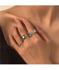 Vintage Square Shape Rhinestone Inlaid Simple Design Women Open-end Rings Set - Silver