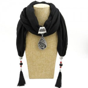 Ethnic Fashion Water-drop Gem Pendant Scarf Necklace - Black