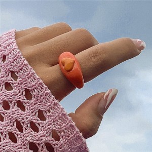 Candy Color Three-dimensional Heart Shape U.S. Fashion Simple Design Women Resin Ring - Orange