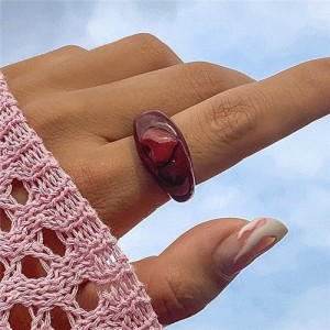 Candy Color Three-dimensional Heart Shape U.S. Fashion Simple Design Women Resin Ring - Wine Red