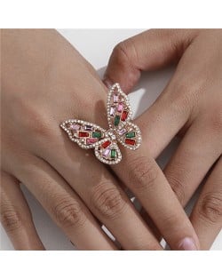 Three-dimensional Butterfly Rhinestone Inlaid Elegant High Fashion Women Wholesale Costume Ring - Gold Multicolor