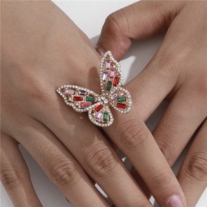 Three-dimensional Butterfly Rhinestone Inlaid Elegant High Fashion Women Wholesale Costume Ring - Gold Multicolor