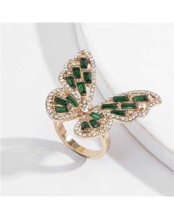 Three-dimensional Butterfly Rhinestone Inlaid Elegant High Fashion Women Wholesale Costume Ring - Gold Green