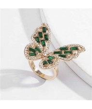 Three-dimensional Butterfly Rhinestone Inlaid Elegant High Fashion Women Wholesale Costume Ring - Gold Green