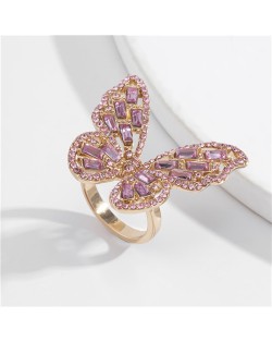Three-dimensional Butterfly Rhinestone Inlaid Elegant High Fashion Women Wholesale Costume Ring - Pink