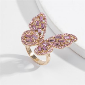 Three-dimensional Butterfly Rhinestone Inlaid Elegant High Fashion Women Wholesale Costume Ring - Pink