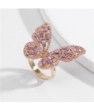 Three-dimensional Butterfly Rhinestone Inlaid Elegant High Fashion Women Wholesale Costume Ring - Pink