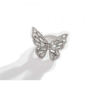 Three-dimensional Butterfly Rhinestone Inlaid Elegant High Fashion Women Wholesale Costume Ring - White