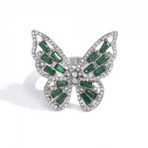 Three-dimensional Butterfly Rhinestone Inlaid Elegant High Fashion Women Wholesale Costume Ring - Green