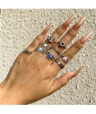 Punk Style Hollow-out Sun and Heart Theme Multiple Elements Alloy Women Wholesale Rings Set