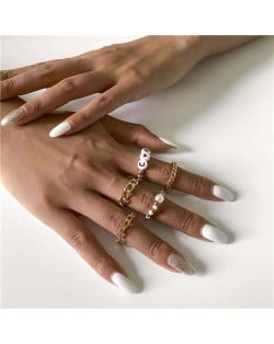 Creative Alphabet and Hollow-out Chain Combo Design Fashion Women Rings Set - Golden