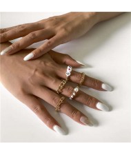 Creative Alphabet and Hollow-out Chain Combo Design Fashion Women Rings Set - Golden