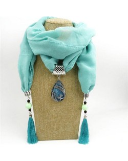 Ethnic Fashion Water-drop Gem Pendant Scarf Necklace - Blue