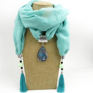 Ethnic Fashion Water-drop Gem Pendant Scarf Necklace - Blue