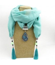 Ethnic Fashion Water-drop Gem Pendant Scarf Necklace - Blue