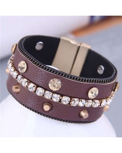 Rhinestone and Rivet Embellished Wholesale Jewelry Punk Style PU Women Statement Bangle